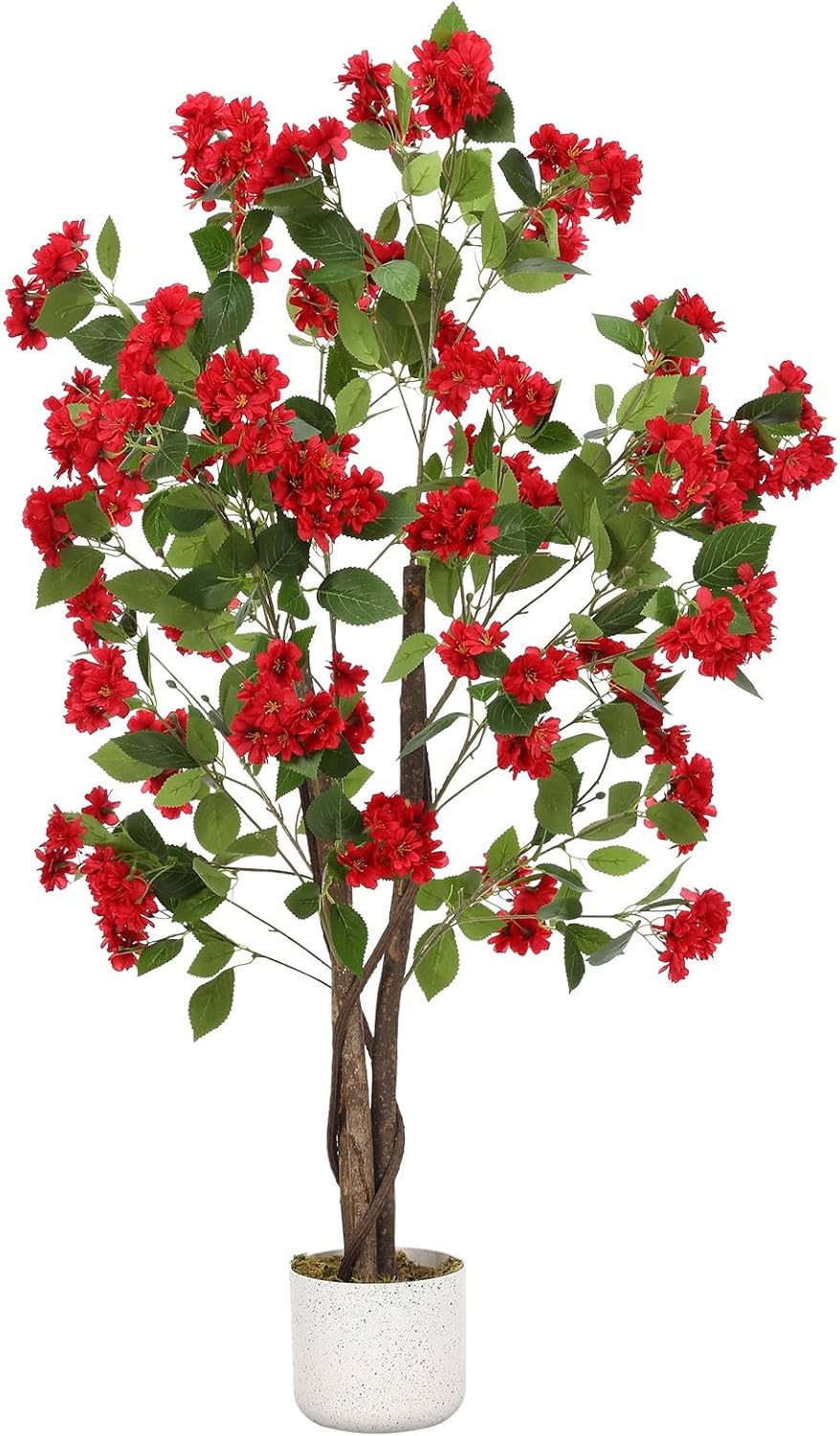 4FT Tall Faux Osmanthus Tree with Realistic Red Flowers and Natural Wood Trunk, Potted Artificial Plant for Home, Office, or Event Decor