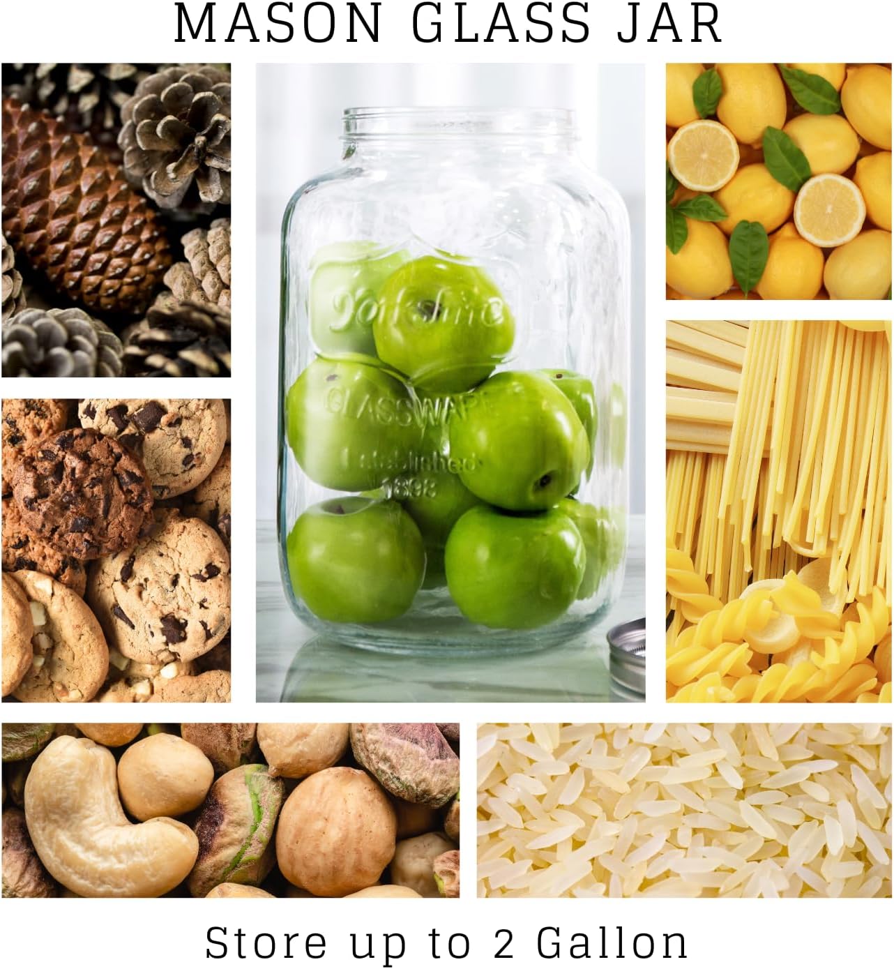 Diamond Star 2 Gallons Mason Jar with Aluminum Lids, Large Glass Wide Mouth Canning Food Storage Containers for Kitchen Canning Cereal, Pasta, Sugar, Beans, Spice, Preserves, Dog Treat