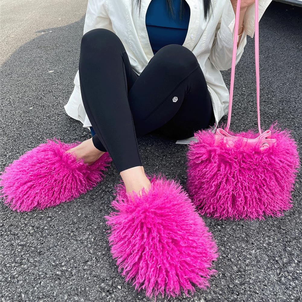 Fur Purse Mongolian Bucket Shoulder Bag Drawstring Curly Fluffy Fuzzy Furry Handbag Soft Winter Tote for Women