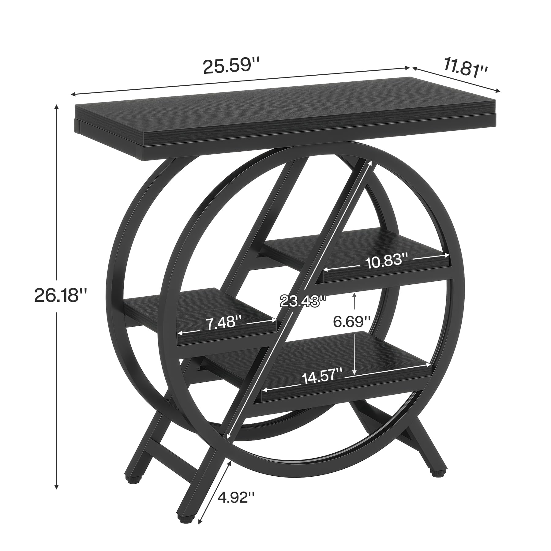 Tribesigns End Table for Living Room, 3-Tier Narrow Side Table with Storage, Wood Sofa Side Table with Geometric Metal Frame, Industrial Nightstand and Bedside Table for Bedroom, Black