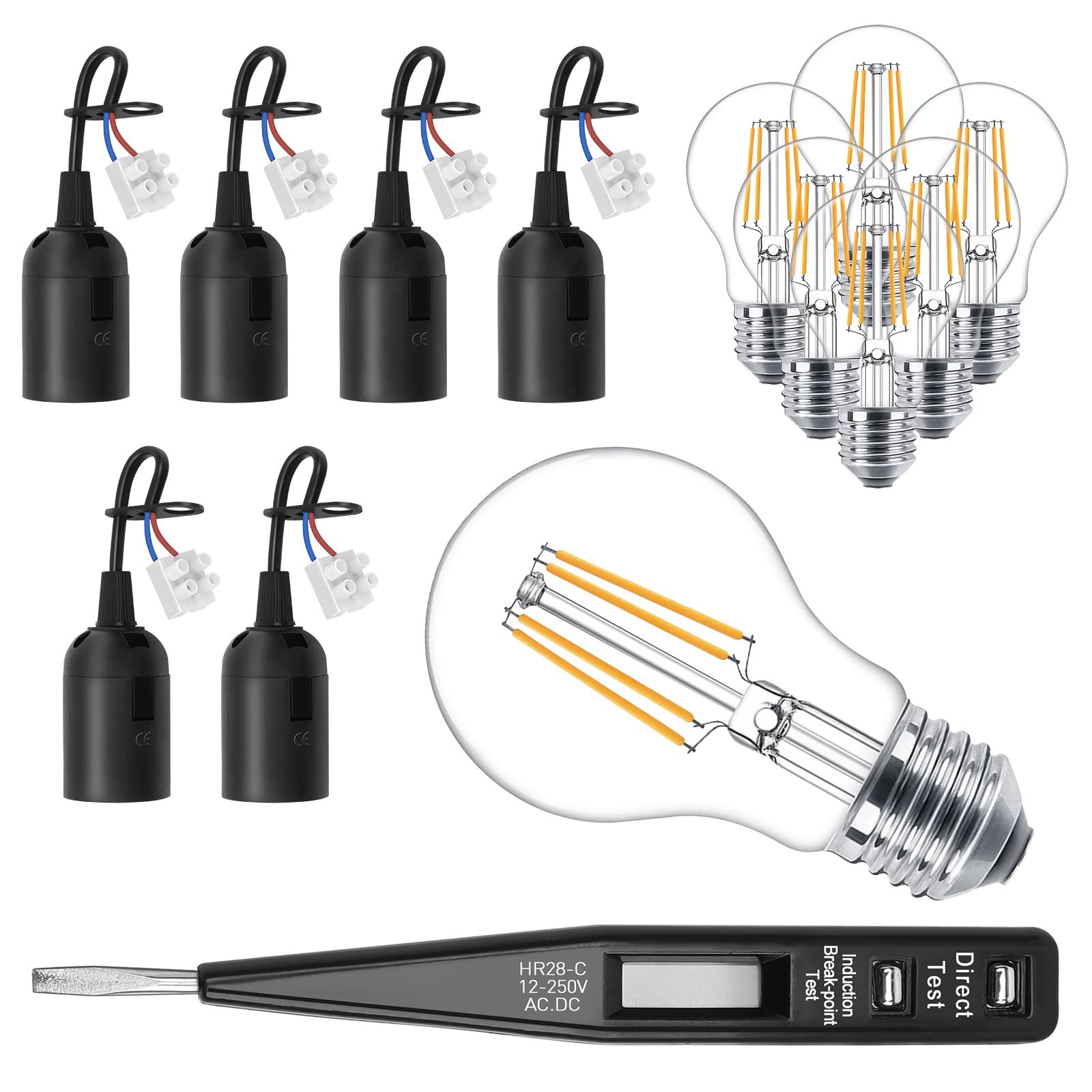 6x E27 Lampenfassung mit Kabel + 6x 4W LED Lampe Warmweiß+ VDE-Spannungsprüfer – für Baustelle & Renovierung