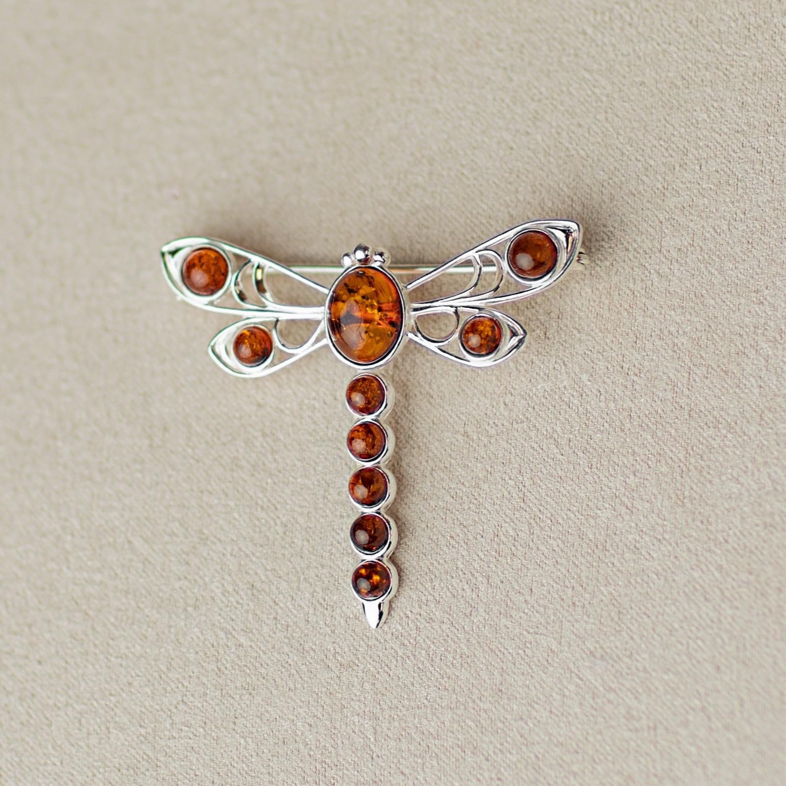 Broche de libélula de plata de ley 925 y ámbar báltico auténtico 4032