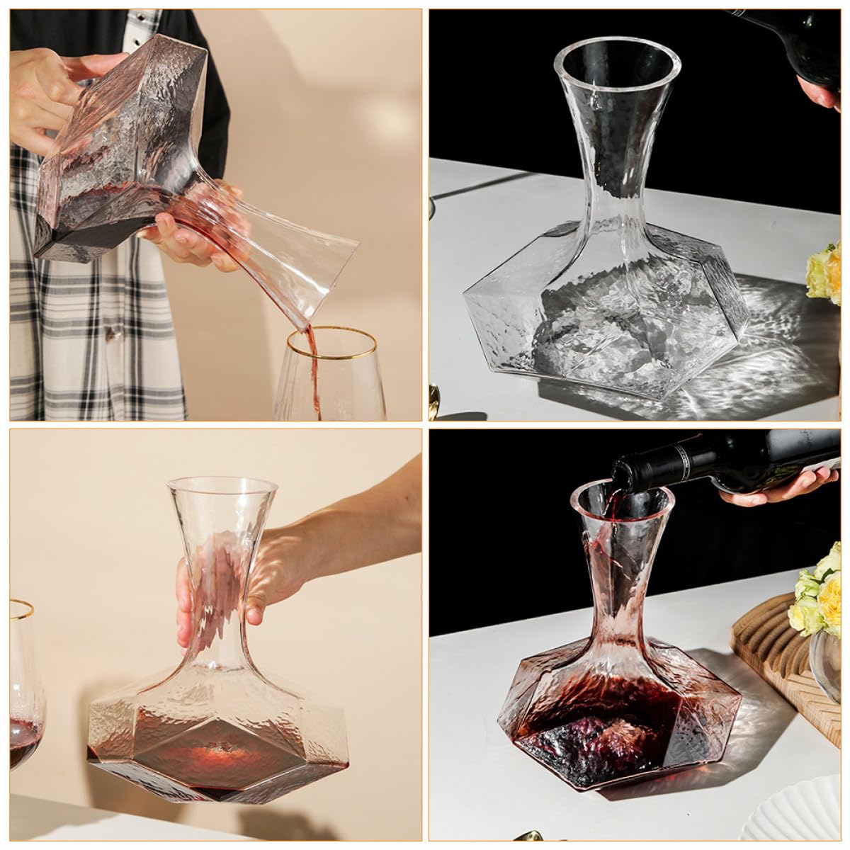 Decanter per Vino in Vetro Trasparente Creativo Design Geometrico a Forma di Diamante, Fondo Stabile Antiscivolo e Capacità Grande, per Uso Domestico e Degustazione di Vini,