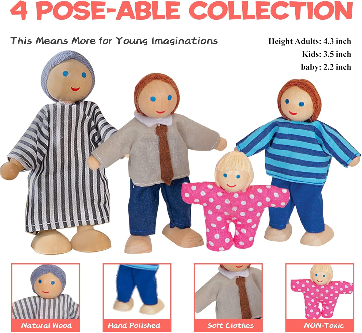 Wooden Dollhouse Furniture Set, 72pcs Furnitures with 8 Family Dolls, Dollhouse Accessories Pretend Play Furniture Toys