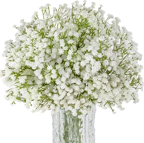 Sukh 10 Babys Breath Artificial Flowers - White Fake Gypsophila for Wedding | Realistic Faux Flores Artificiales Bouquet for Vase, Wedding Centerpieces, Baby Shower, Home Indoor Decor, Floral Arrangement