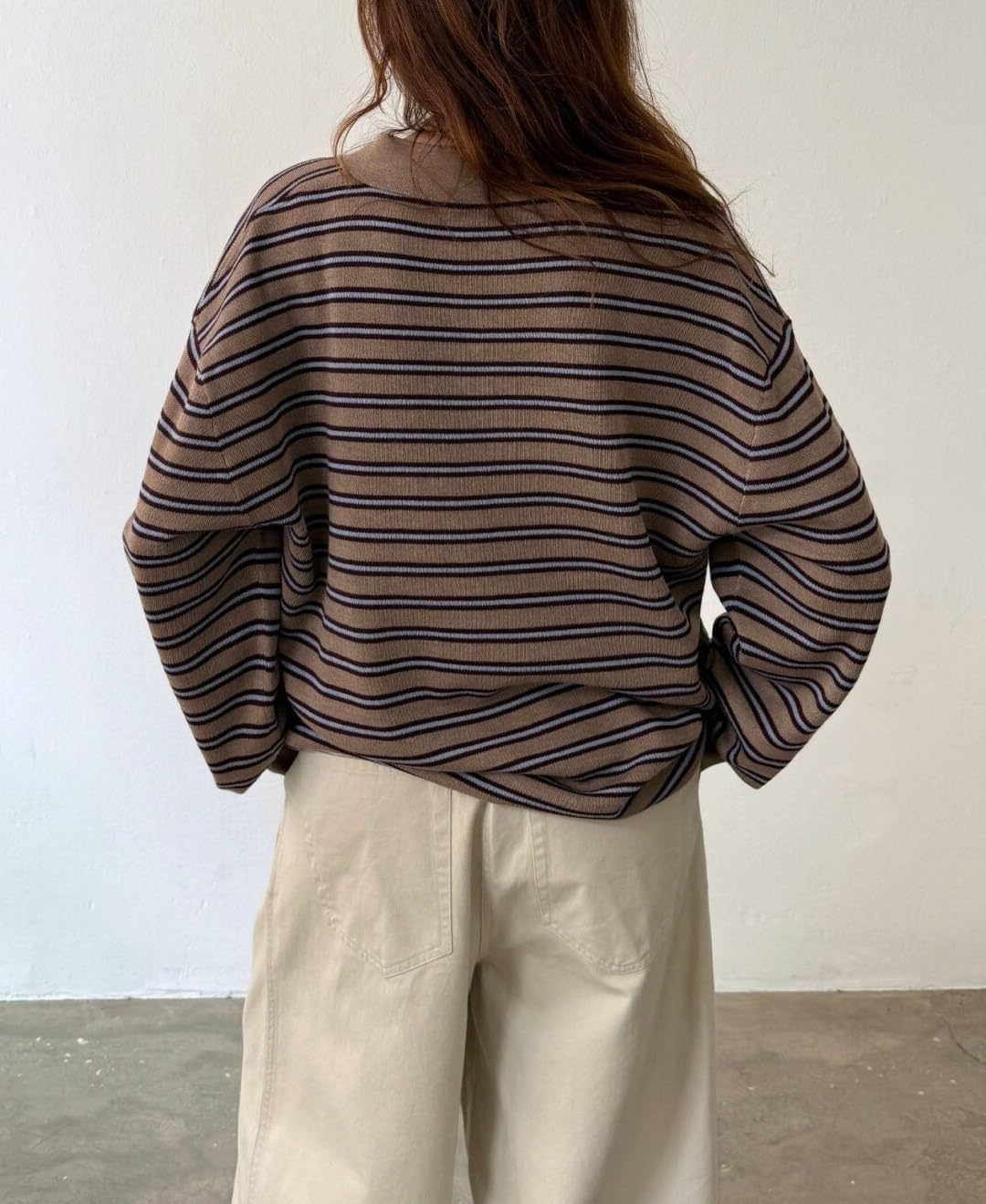 Y2k Striped Rugby Shirt for Women Long Sleeve Collared V Neck Preppy Polo Sweatshirt Casual Oversized Pullover Tops - Image 4