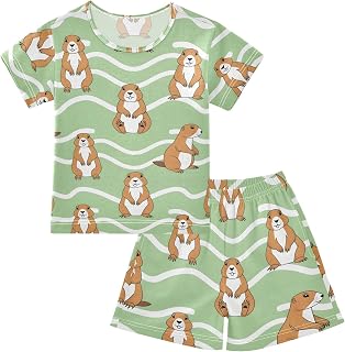 Pajama Short Sets Gopher Pattern on Green Soft Cotton Summer Sleepwear 2 Piece PJS Size 5-14T