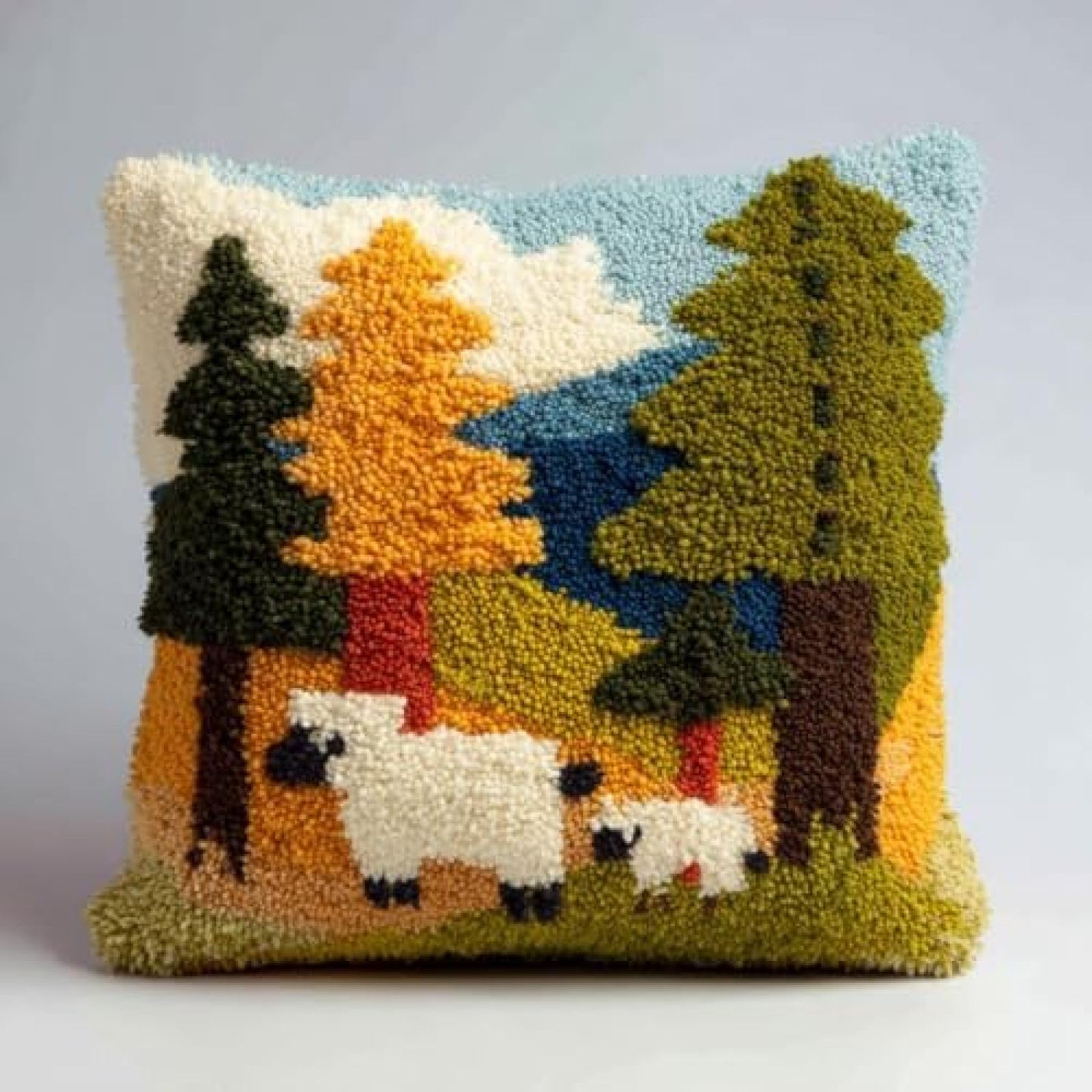 kitphoenix Calf and Forest Cushion Cover Latch Hook Kit for Adults,DIY Craft Kit with Pre-Printed Canvas,Yarn and Hook,43x43 cm Handmade Home Décor