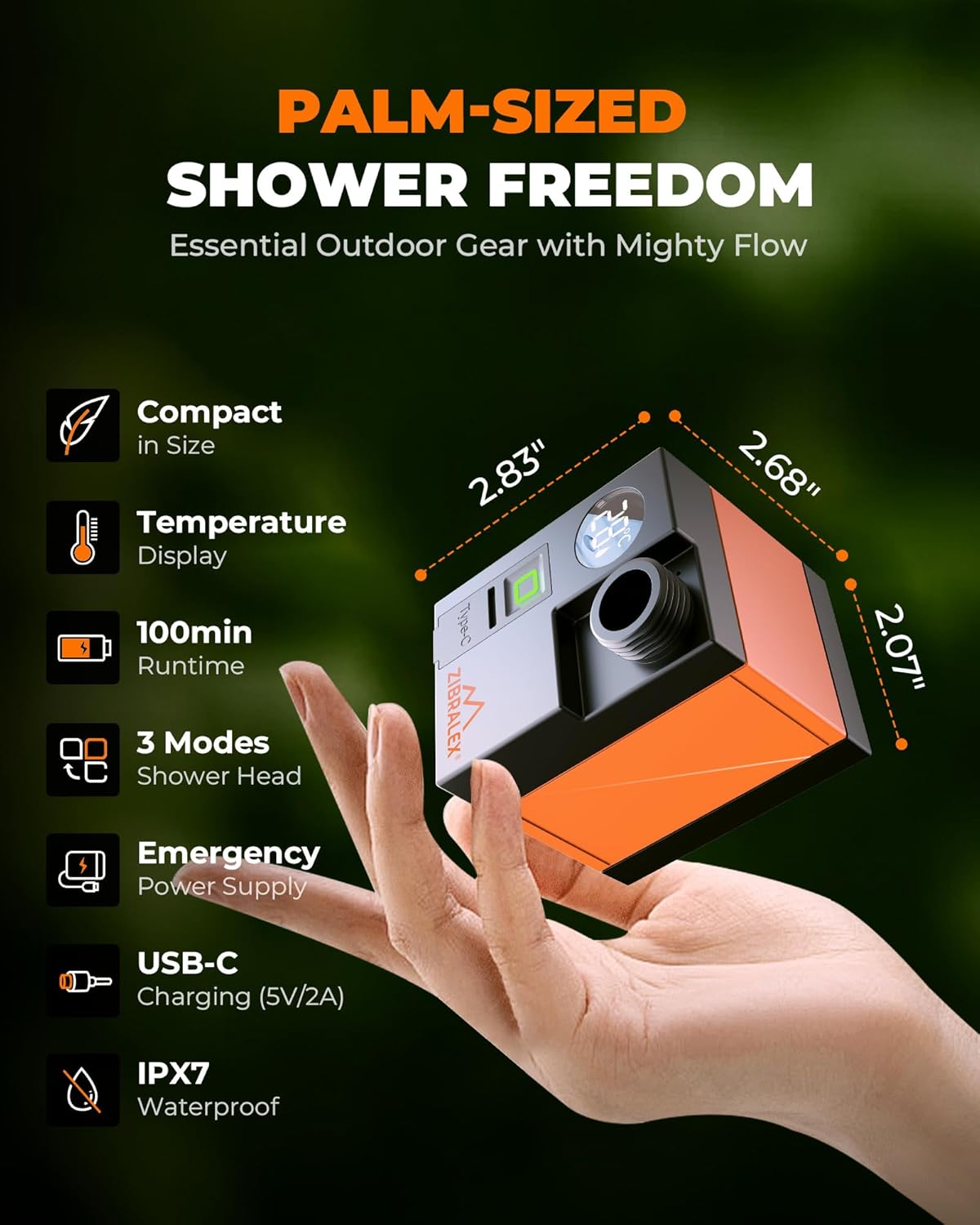 Portable Shower for Camping, Compact Outdoor Shower with Temperature Display & EPS, IPX7 Waterproof with 3-Mode Head, Rechargeable Shower Pump for Hiking, Beach, Pet, RV & Camp Accessories