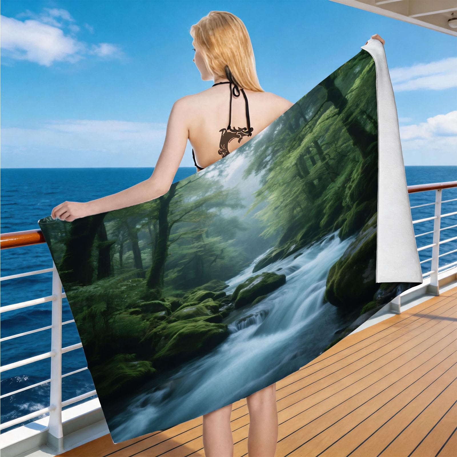 Hongduo Microfiber Quick Dry Beach Towel Jungle, 3D Stream & Waterfall Beach Towels Absorbent Fast Drying Bath Towels, Travel Camping Gym Swimming Bathroom (70x150cm)