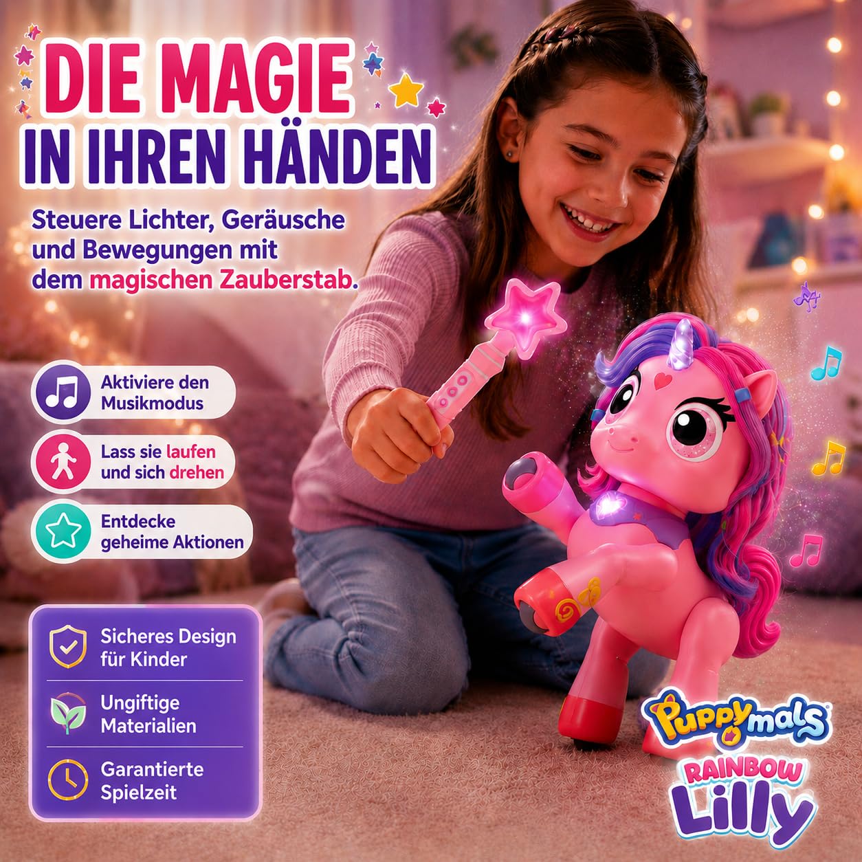 Regenbogen Einhorn Rainbow Lilly | Ferngesteuertes Einhorn mit Zauberstab | Interaktives Einhorns mit Licht, Sound und Bewegung