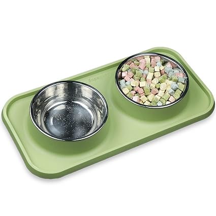 Cat Bowls for Food and Water,Premium Removable Stainless Steel Double Bowls with Non-Slip Bottom & Elevated Stand for Cats and Small Dogs ,Non-Spill Cat Food Bowls 12 Fluid Ounces (354 ml) (Green)