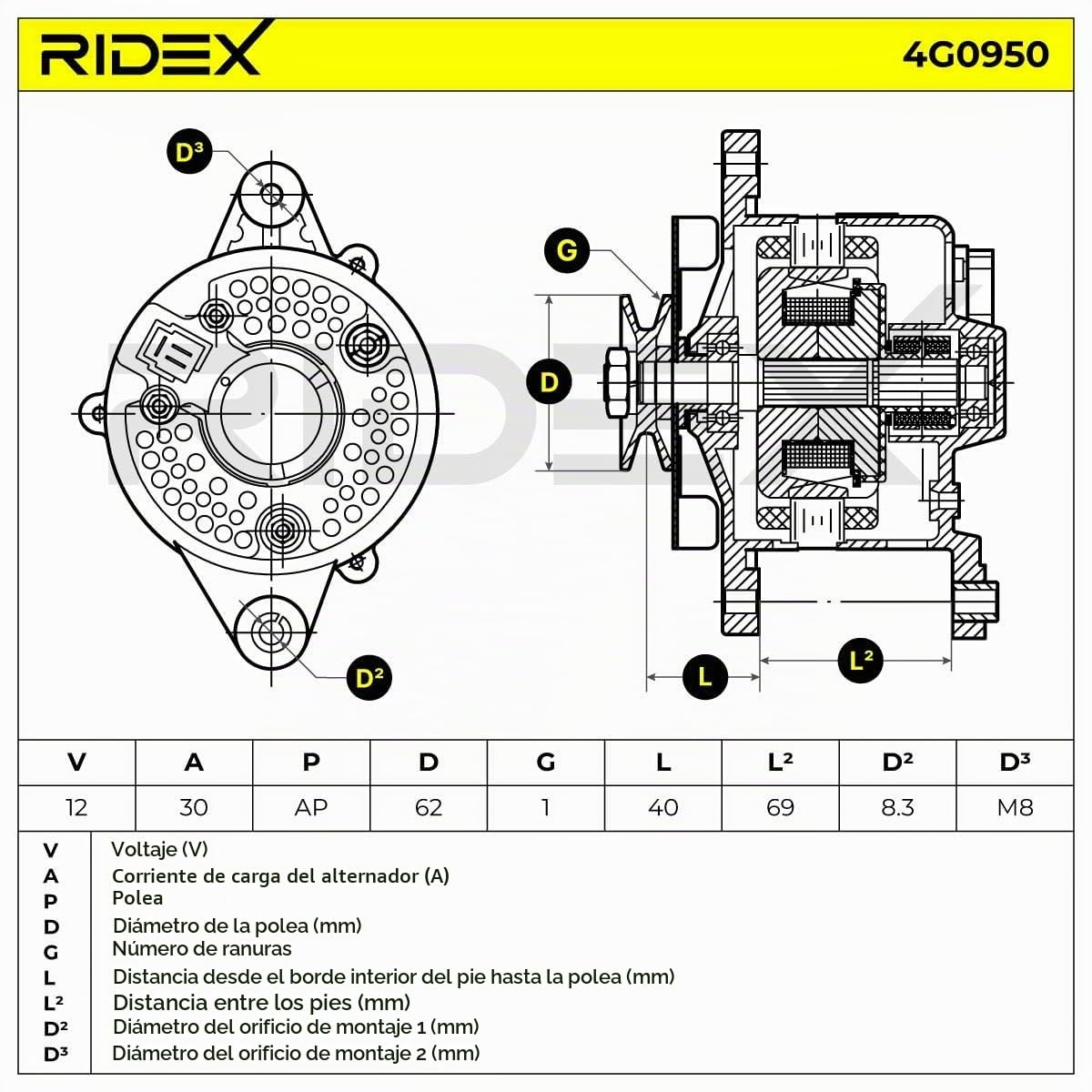 RIDEX 4G0950 Alternador Compatible con TOYOTA LAND CRUISER PZJ7, KZJ7, HZJ7, BJ7, LJ7, RJ7
