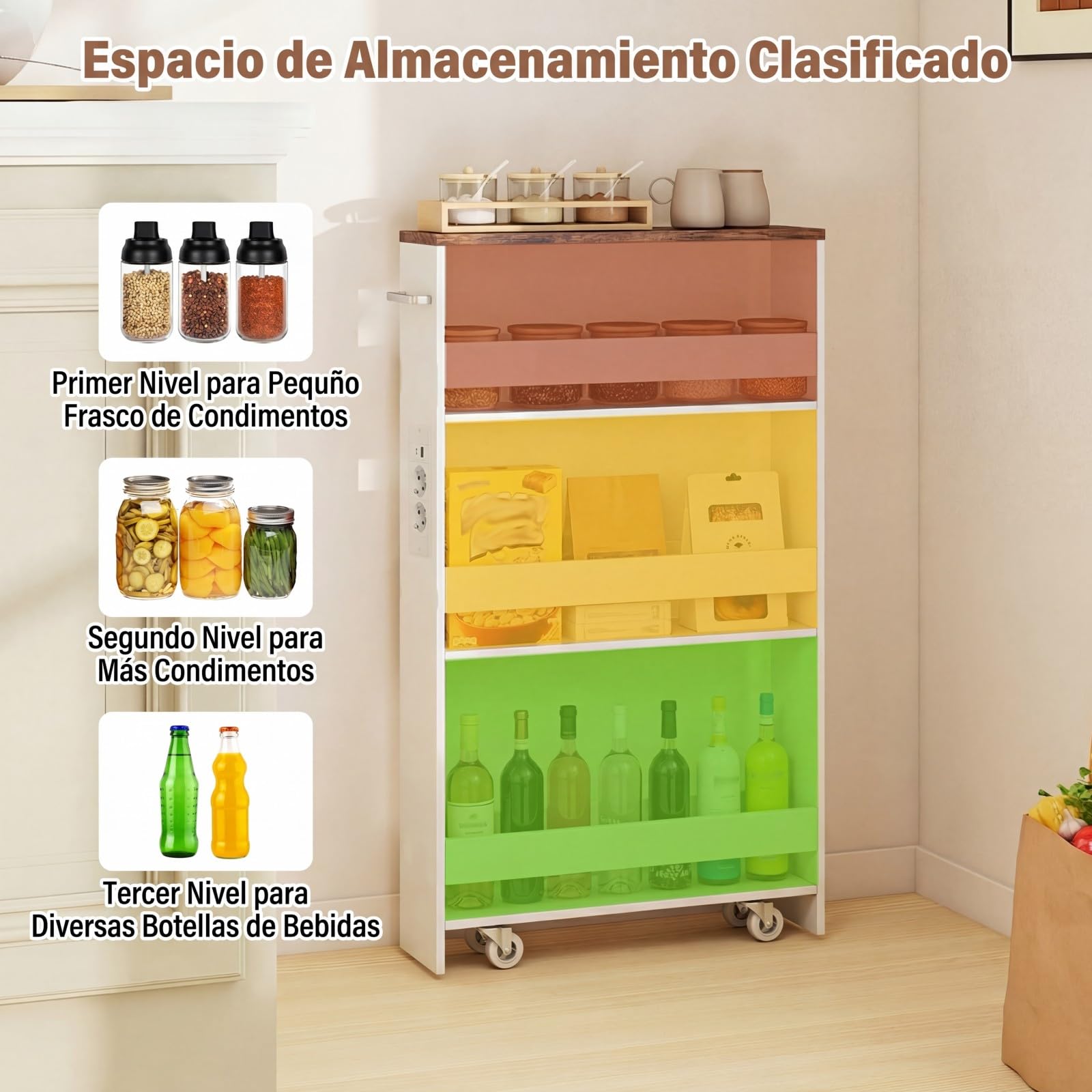 GOPLUS Carrito Auxiliar con Ruedas de 4 Niveles, Carro de Almacenamiento Estrecho con con Asa Lateral y Barandillas, Carro de Servicio Compacto con Enchufes, 47 x 13 x 80 cm (Blanco y Marrón)
