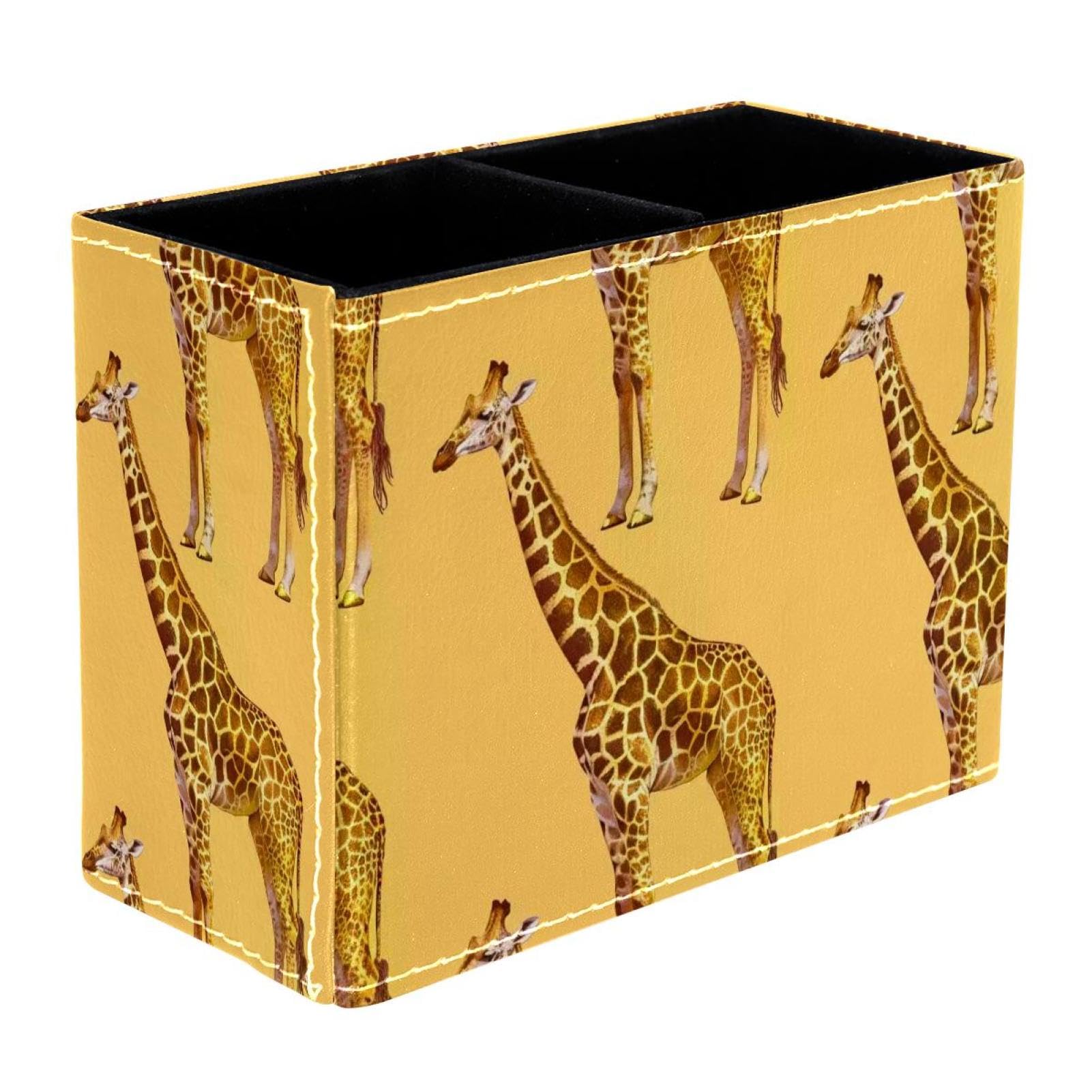 VAPOKF Giraffe on Yellow Pen Holder for Desk, 2 Compartments Pen Pot Pencil Holders Makeup Brushes Storage Desktop Stationary Supplies Organiser for Home Office