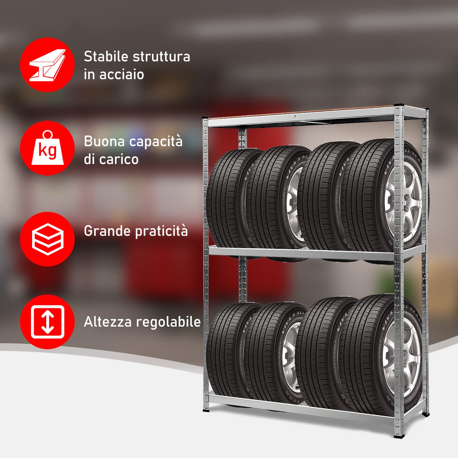 RELAX4LIFE Scaffale Portagomme in Metallo – Scaffale per Pneumatici in Acciaio Zincato, Scaffale a 3 Ripiani per 8 Gomme, Scaffale in Metallo per Garage e Magazzino con Capacità 265 kg a Ripiano