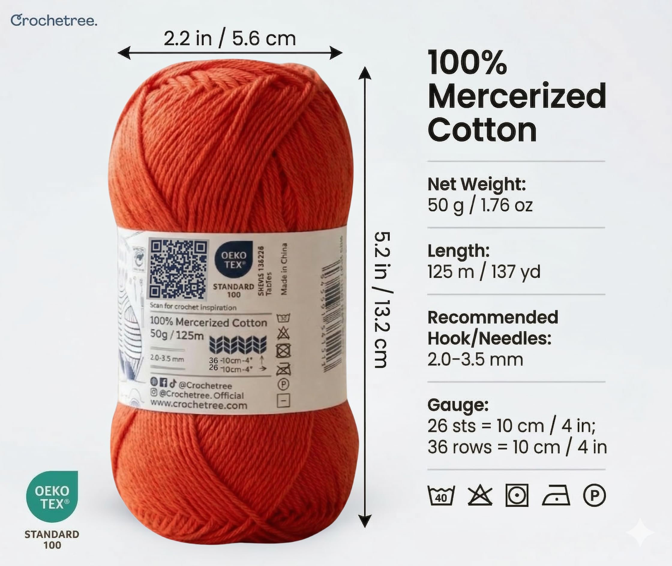 Premium Mercerized Cotton Yarn for Crochet & Knitting – Fingering Weight 4-Ply, 50g (1.76 oz) / 125 m (136 yds), High-Gloss, Anti-Splitting, Fade-Resistant Cotton (Light Nature) - 4