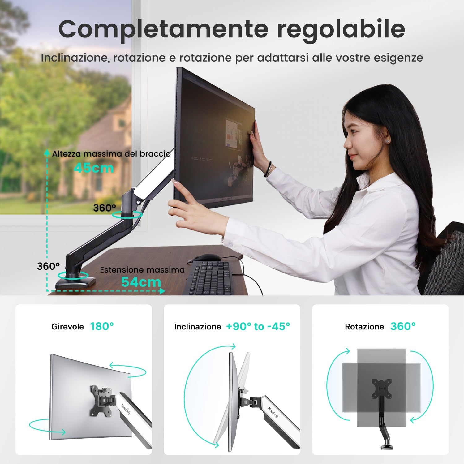 Braccio Per Monitor Regolabile A Gas - Supporto Per Schermi 13-34 Pollici, Fino A 9kg - Rotazione 360° - Foto 2