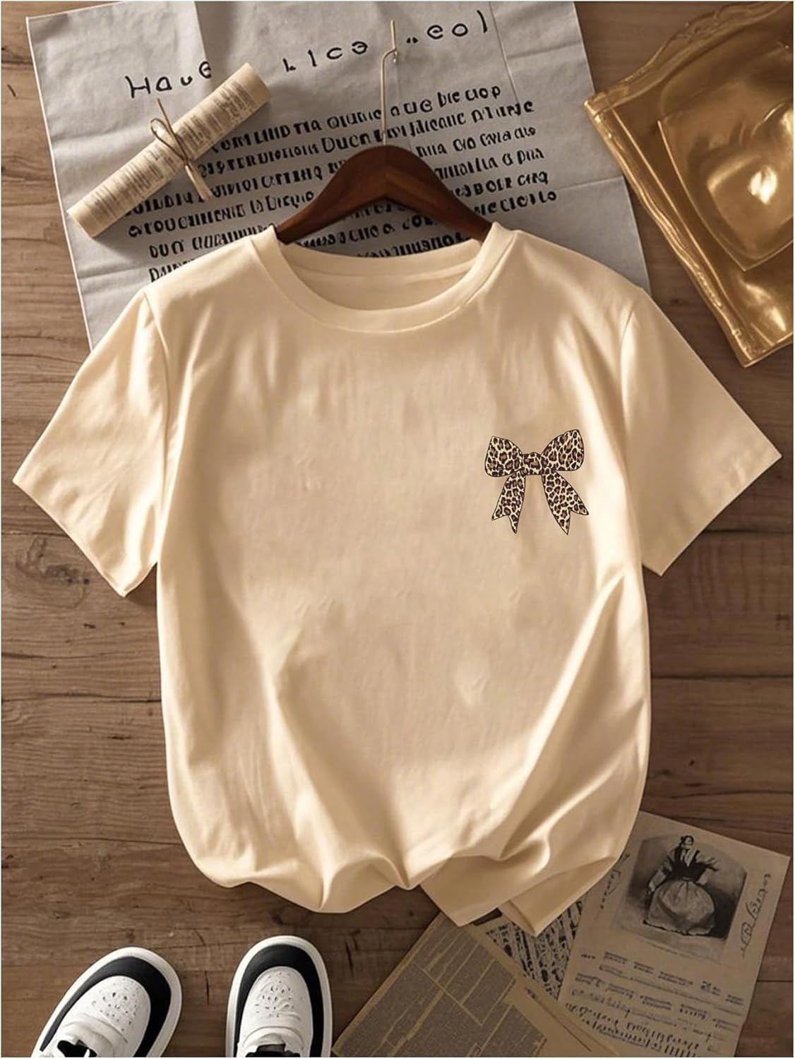 RoseSeek Girl's Bow Leopard Graphic Tees Short Sleeve Preppy Summer T Shirt Aesthetic Baggy Tops - Image 2