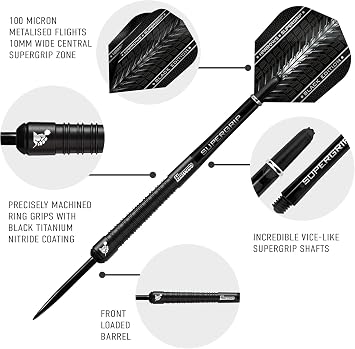 Harrows SUPERGRIP ブラックエディション 90%タングステンスチールチップダーツセット21g、22g、23g、24g、25g、26g、28g、30gから選択可能 - スーパーグリップシャフト&スーパーグリップフライト付き