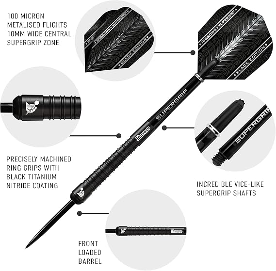 Harrows SUPERGRIP ブラックエディション 90%タングステンスチールチップダーツセット21g、22g、23g、24g、25g、26g、28g、30gから選択可能 - スーパーグリップシャフト&スーパーグリップフライト付き