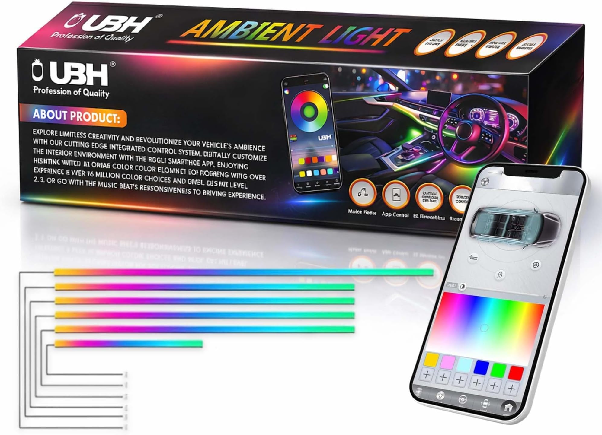 UBH Car Interior Ambient Light 6 in 1 Multi-Color Matrix Interior Ambient Lights for Car | App Controlled LED Dashboard & Door Neon Strips | Music Sync, 16M Colors, Bluetooth Control (Pack of 6)