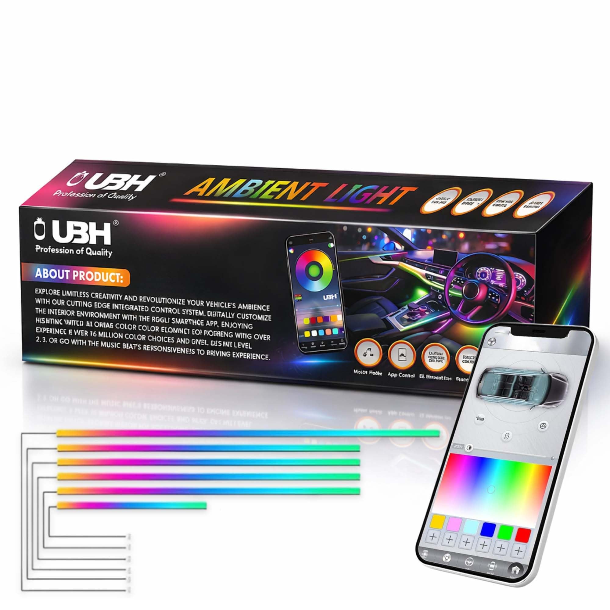 - UBH Car Interior Ambient Light 10 in 1 Multi-Color Matrix Interior Ambient Lights for Car | App Controlled LED Dashboard & Door Neon Strips | Music Sync, 16M Colors, Bluetooth Control (Pack of 10)