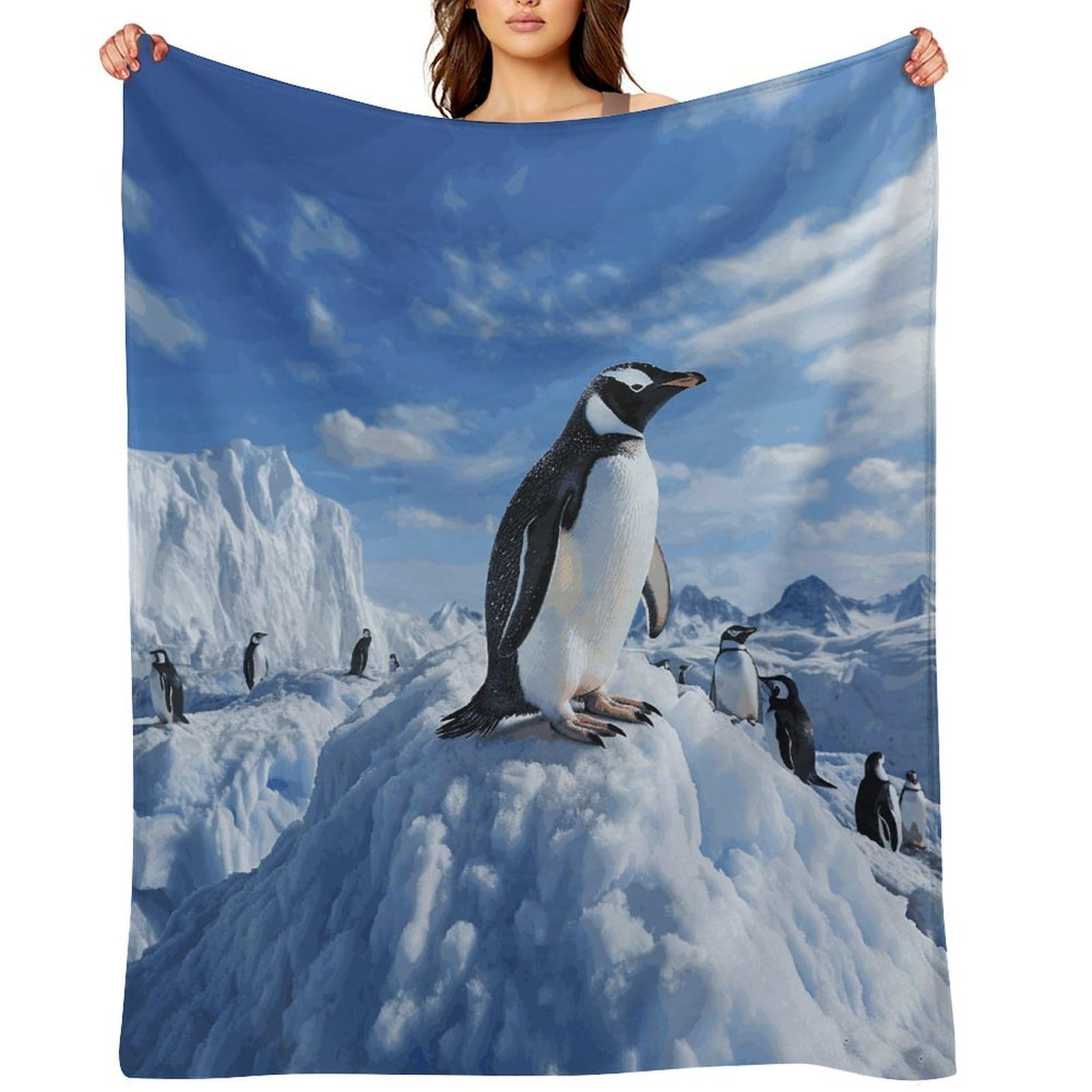 Snow Mountain Penguin Blankets Soft Throw Blankets for Sofa Personalized Flannel Blanket Large Warm Bed Blanket Cozy Thick Bath Towel Bedspread for All-Season Home Decor Gift 40"x50"