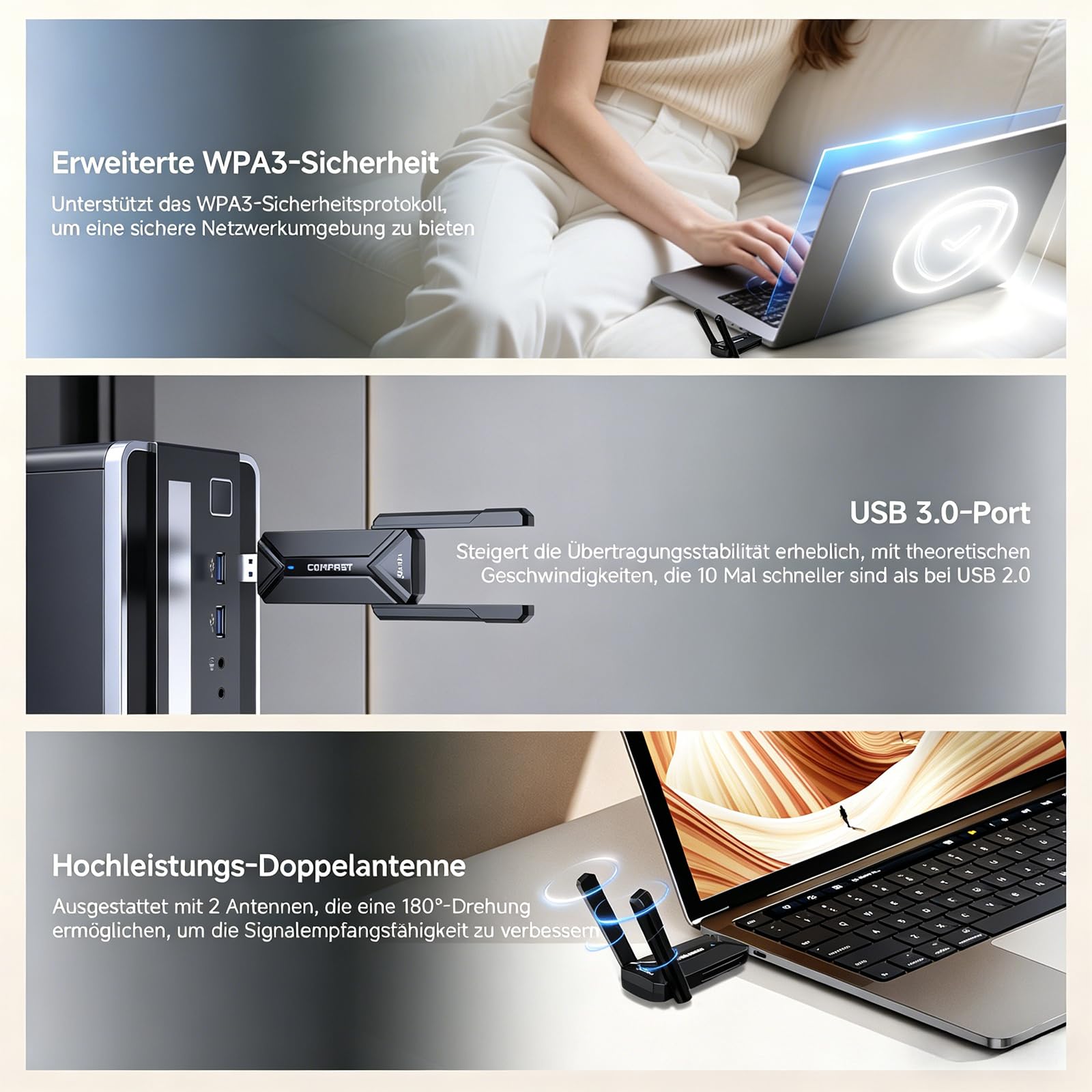 COMFAST WLAN Stick, USB 3.0 USB WLAN Adapter WiFi 7 6500 Mbit Dreifachband | mit Doppelantennen, OFDMA & MU-MIMO, WPA3, kompatibel mit Win10/11, treiberfrei sofort einsatzbereit für Desktop Laptop