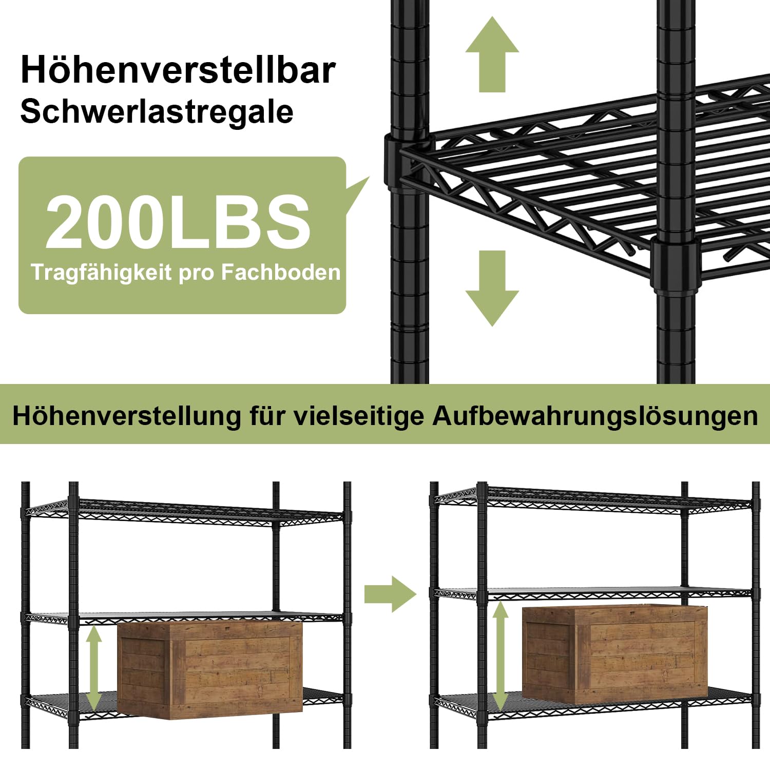 KZOBYD Unità di stoccaggio con 5 ripiani regolabili in altezza, portata 500 kg, scaffale in metallo, 5 ripiani, scaffale per carichi pesanti, scaffalatura in metallo, scaffale da cucina, garage (nero,