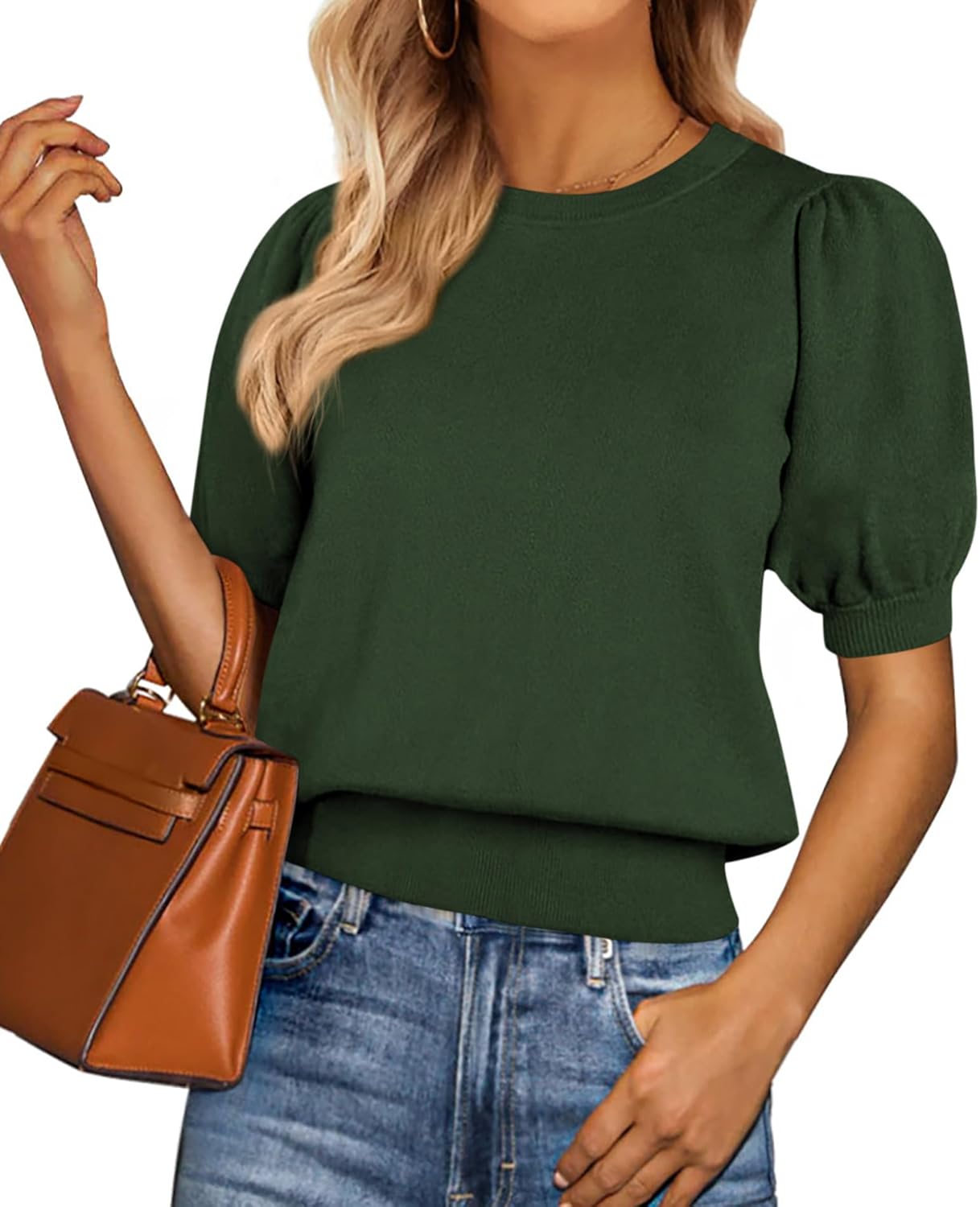 PRETTYGARDEN Womens Tops Spring 2026 Summer Puff Short Sleeve Sweater Crewneck Knit Work Blouses Dressy Casual Trendy Shirts