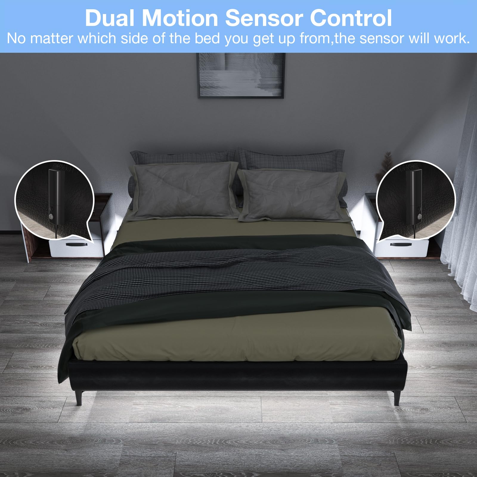 WOBANE Dual Motion Sensor Light Strip, Rechargeable 16.4ft LED Lighting, 150 LEDs Tape Lights for Stairs,Under Cabinet,Closet,Shelves,Gun Safe Light, Hallway,Cuttable,Flexible,6000K White,Black