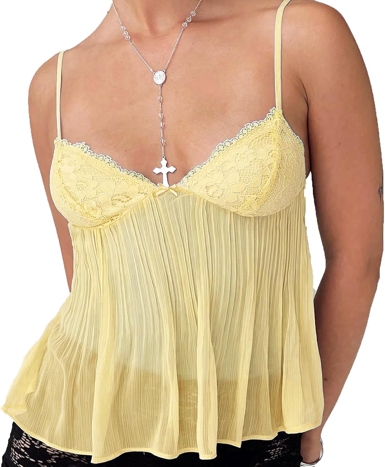 ICNGLKSND Women Y2K Sleeveless Mesh Cami Low Cut Spaghetti Strap Lace Trim Sexy Crop Top Sheer Flowy Beach Tops Pleated Tank