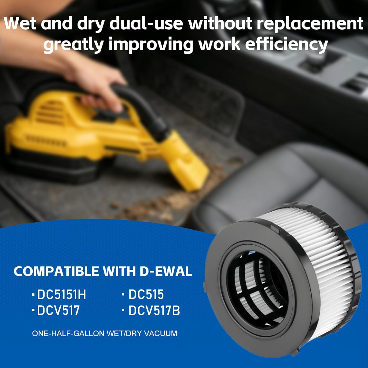 4 Pack DC5151H Replacement HEPA Filter Compatible With DEWALT Wet Dry Vacuum DC5151H DC515 DCV517 DCV517B-with 2 Cleaning Brushes DC5151H Vacuum HEPA Filters
