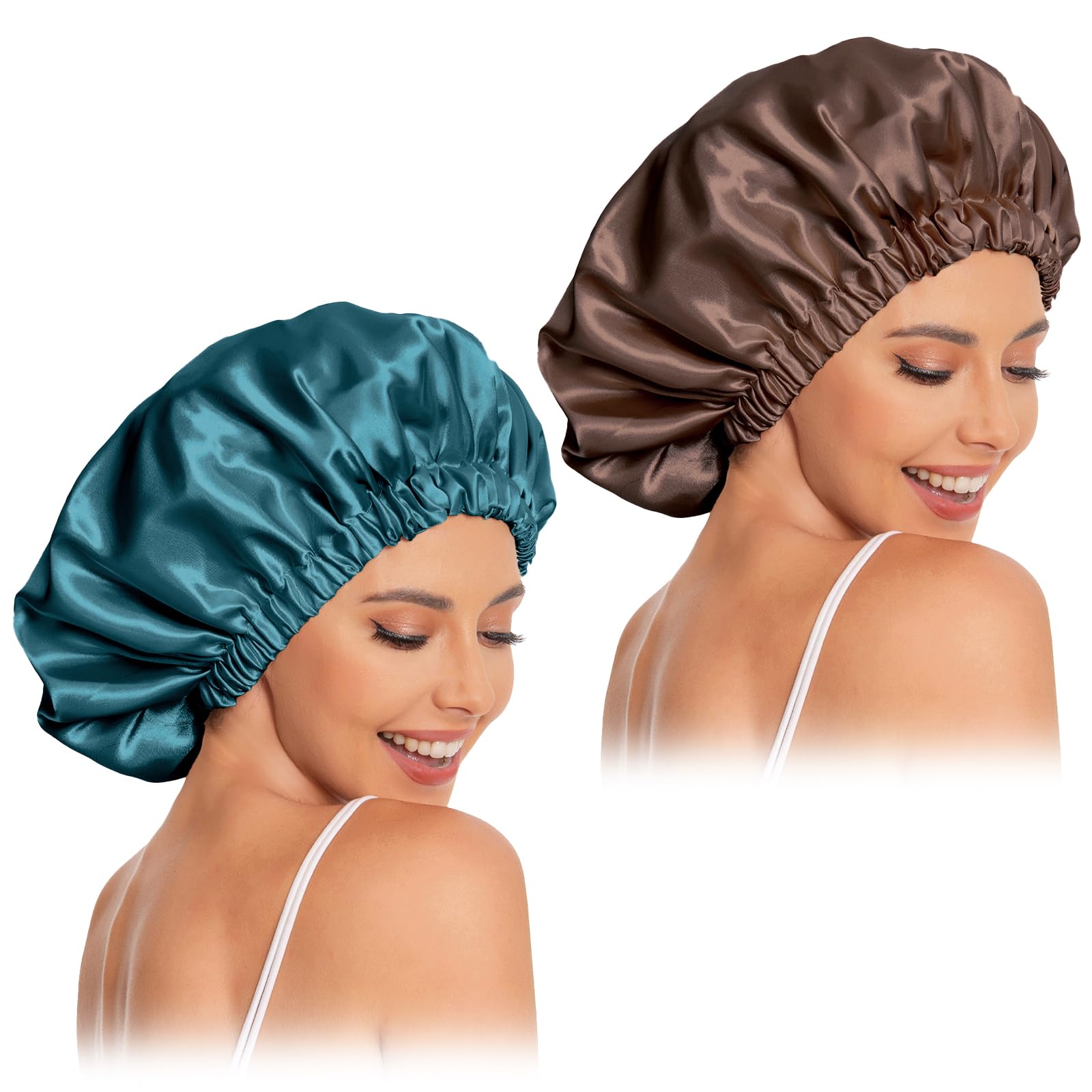 Satin Bonnet Silk Bonnet Hair Bonnet for Sleeping-Slouchy Beanie Hat Satin Sleep Cap for Women's Natural & Curly Hair(Blue Zircon&Brown)