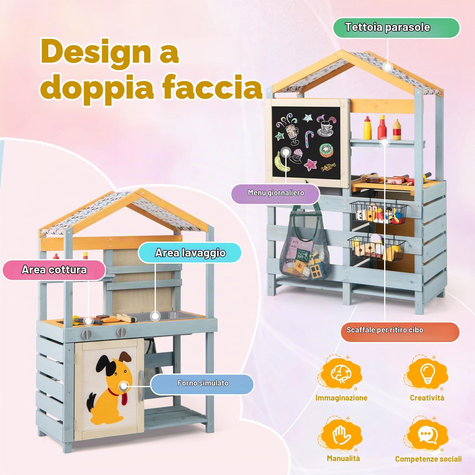 HOMASIS 3 in 1 Cucina a Doppia Faccia da Giardino per Bambini, Cucina in Legno con BBQ, Lavagna, Lavandino, Cucinetta per Bambini dai 3+ Anni, 75 x 34 x 111 cm