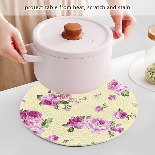 Miniatura 5 de 3 Pcs Trivet Mat Set Rose Flower Pattern Beautiful Pink for Hot Pots and Pans 15in Cotton Thread Weave Heat Resistant Pad Holder for Instant Pot