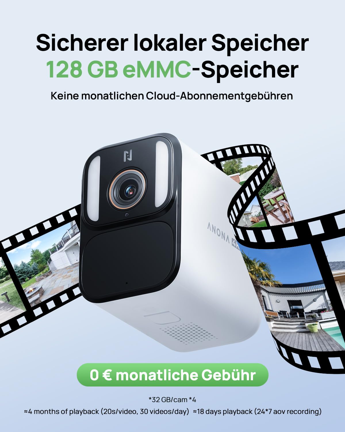 Anona Aurora 4K Solar Überwachungsset (4er-Pack) für Aussen, kabellos, 8MP Farb-Nachtsicht, 24/7-AOV, KI-Erkennung, Auto-Tracking, IP67, rundum geschützt