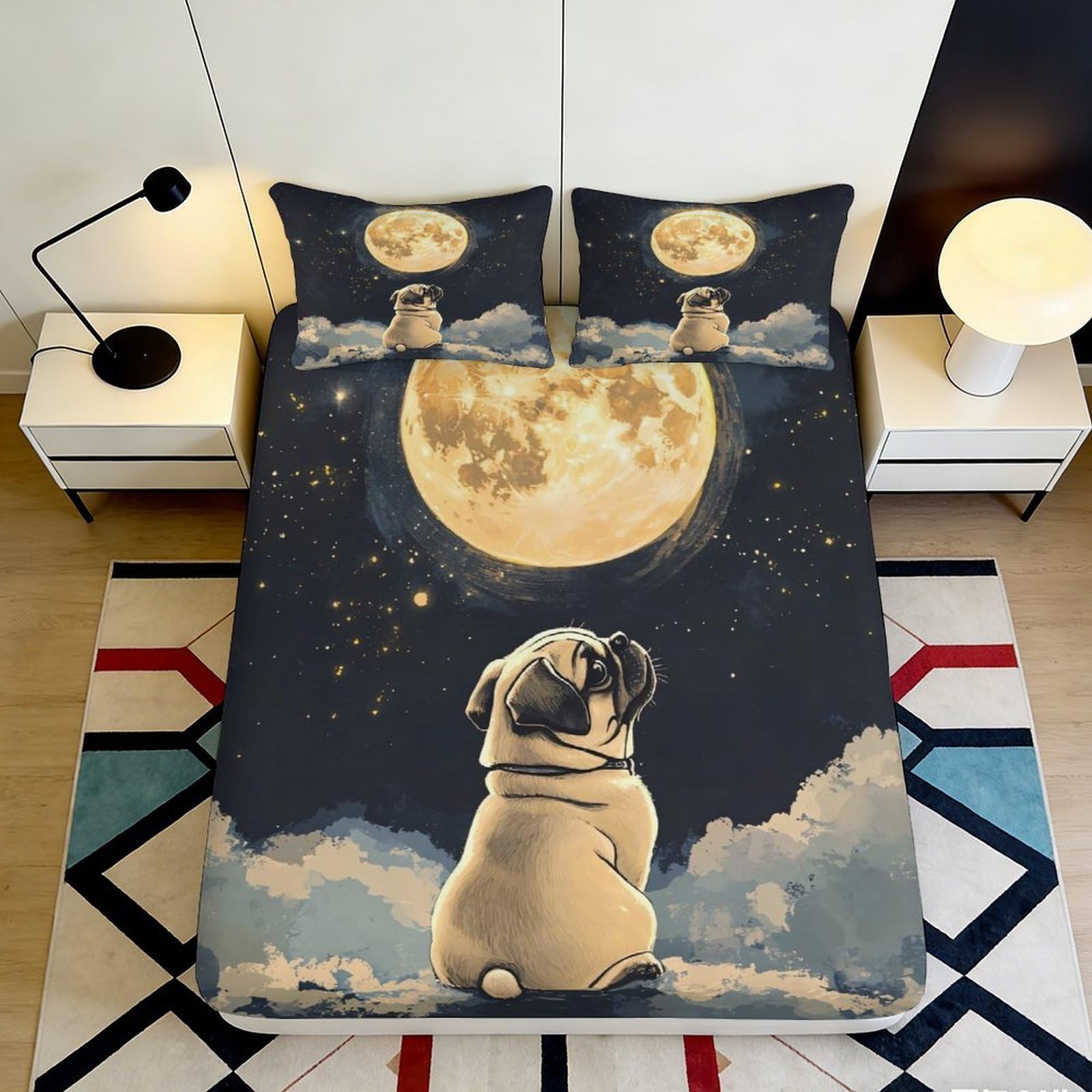 3D Printed Moonlight Pug Fitted Sheet Microfiber Soft Breathable Night Sky Bed Cover for Bedroom Dormitory Guest Room Mattress Protection Decor 120x200x25cm