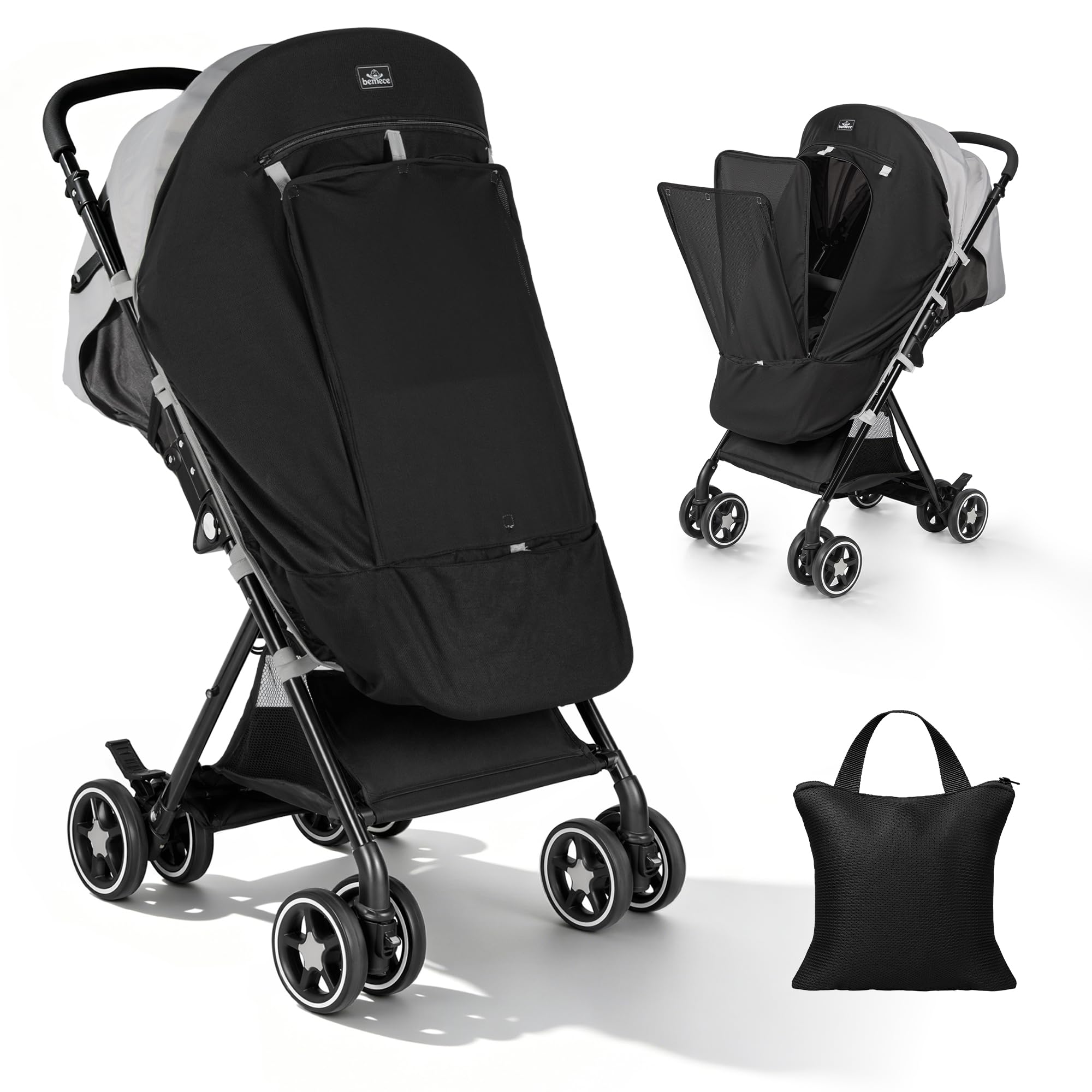 bemece Universal Sonnenschutz Kinderwagen, UV Schutz Kinderwagen mit Große Fenster und Rollläden, UPF 50+, Elastisch Atmungsaktiv Sonnensegel für Kinderwagen, Babywanne und Buggy