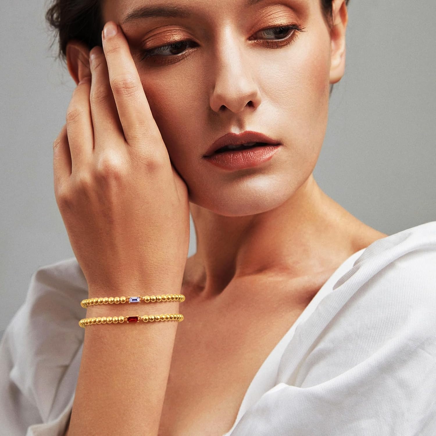 Free bird Birthstone Beaded Bracelet for Women Dainty 14K Gold Plated Stretchable Beaded Bracelet Hypoallergenic Waterproof Trendy Stackable Bracelet Birthstone Jewelry Gift for Birthday Christmas Valentine's Day - Image 2