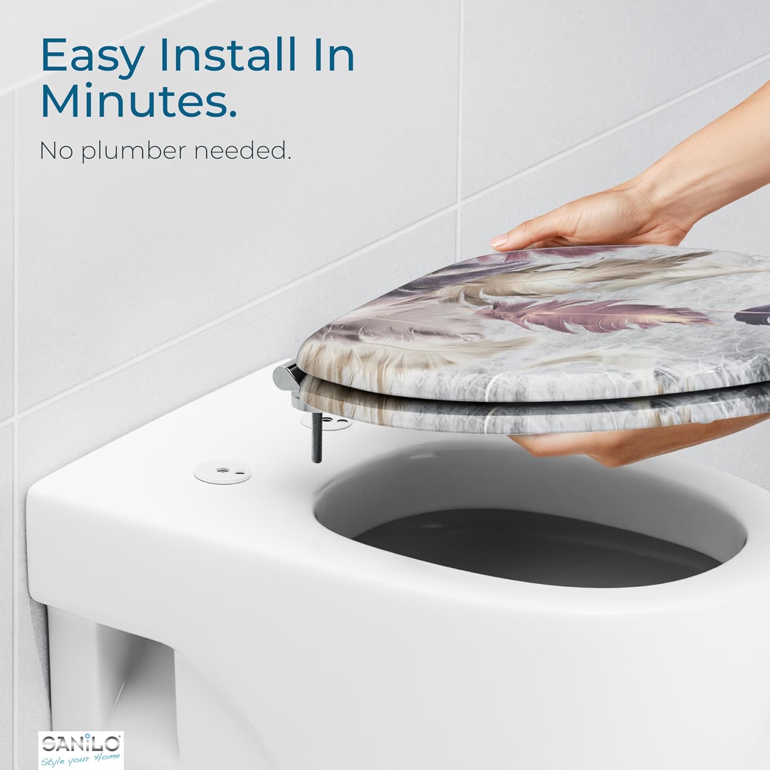 SANILO Wooden Toilet Seat with Soft Close [ELONGATED] - Decorative, Quiet & Slow Close Molded Wood Seat - With Strong Bumpers & Hinges - Adjustable Fit - Feathers