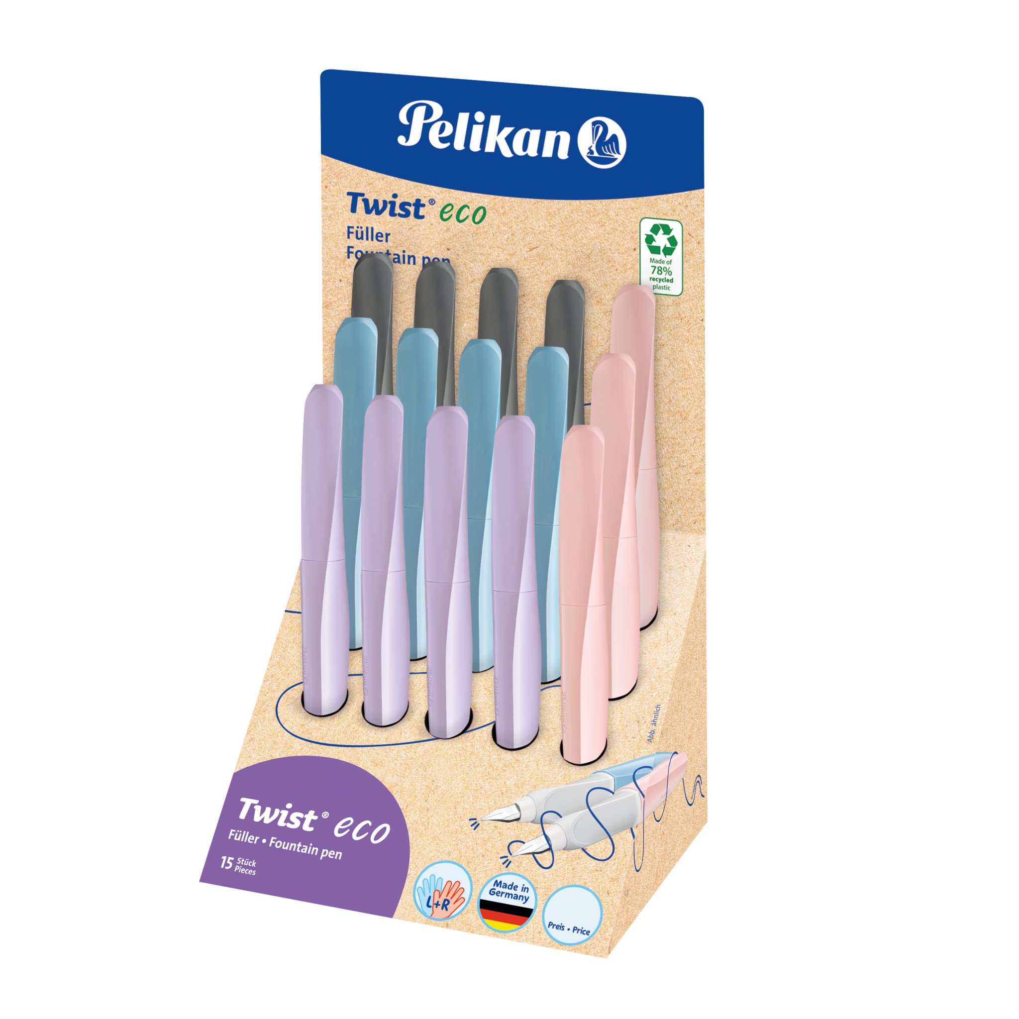 PelikanTwist® eco fountain pen for right- and left-handed users, display with 15 pieces, nib M, assorted colours