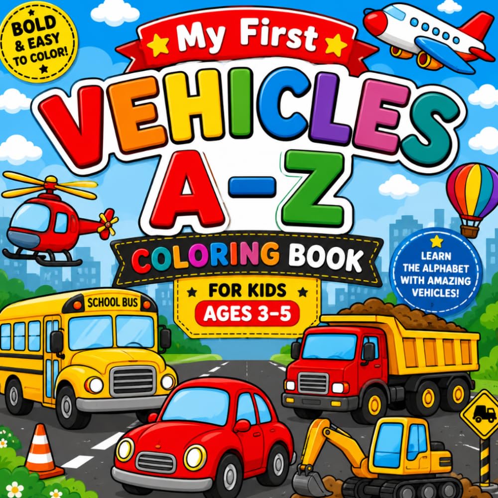 My First Vehicles A–Z Coloring Book: Bold and Easy Vehicle Coloring Pages for Kids Ages 3–5