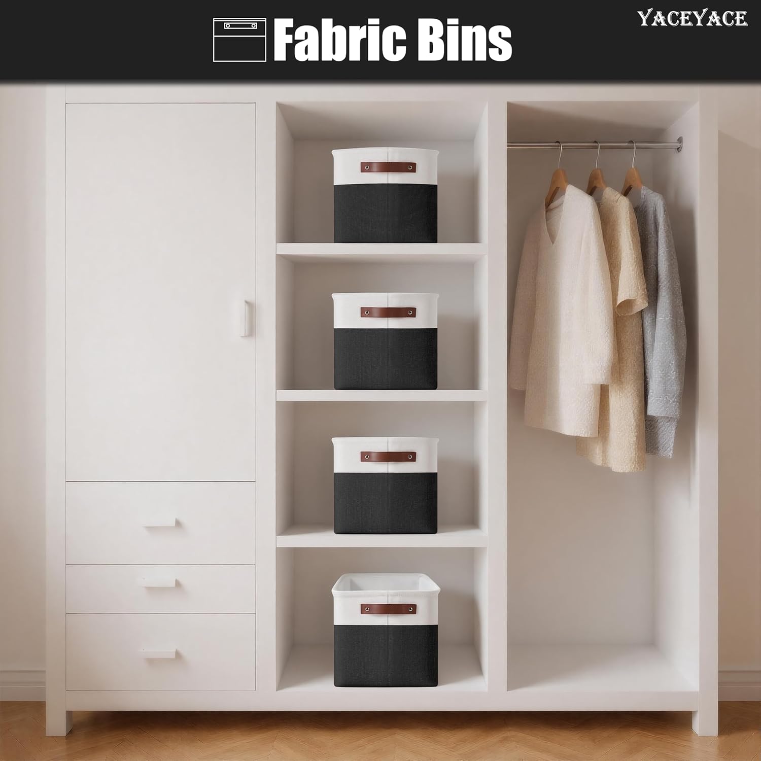 Storage Baskets, 4 Pack Linen Fabric Storage Bins for Shelves, Foldable Baskets with Handles for Home Organization, 15"x11"x9.5"