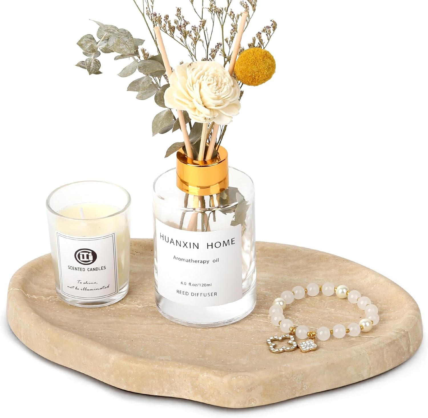 Natural Travertine Vanity Tray - Decorative Stone Marble Tray for Bathroom Countertop, Elegant Organizer for Home Decor, Jewelry, Candle, Makeup, Kitchen and Dresser Decor