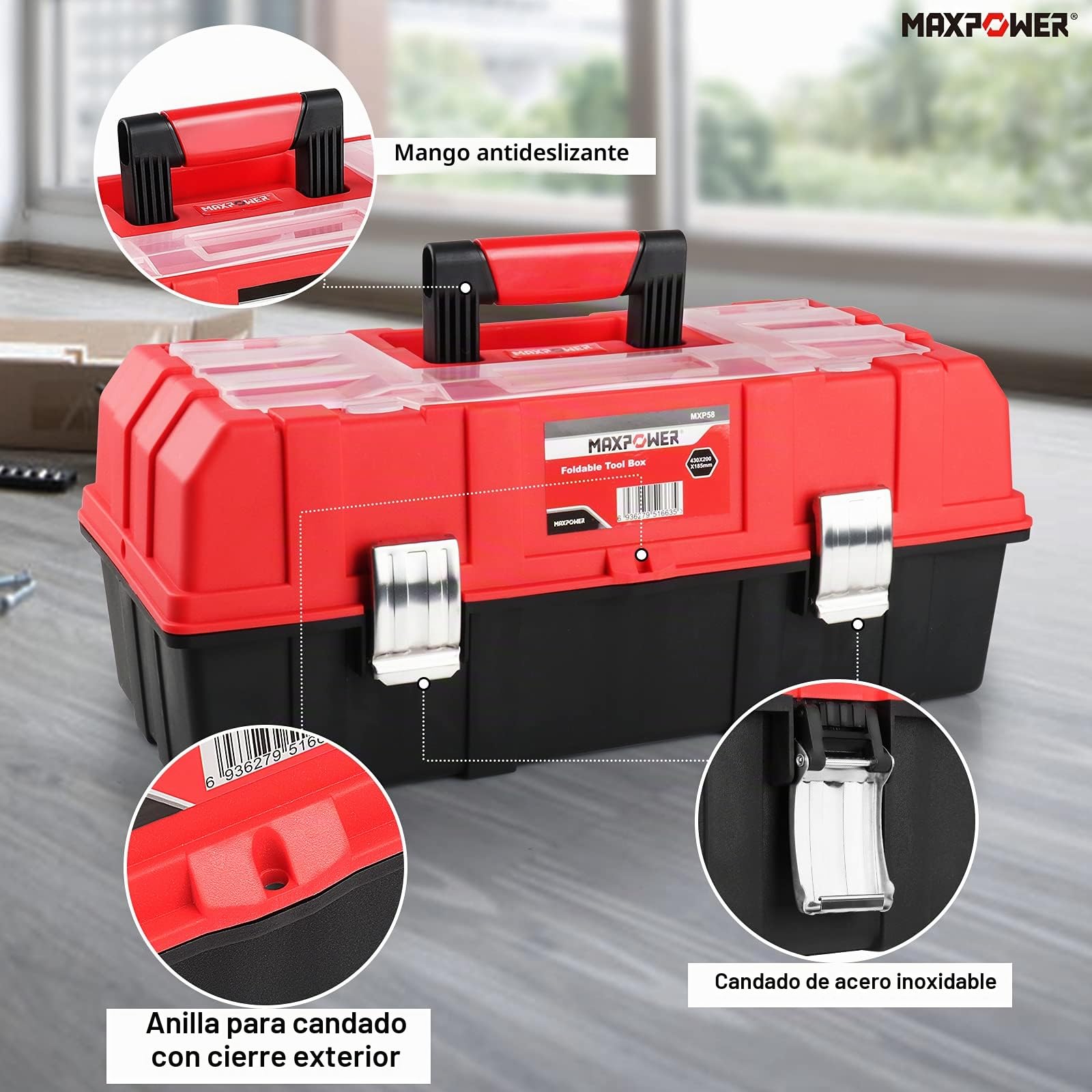 Caja de Herramientas Vacía, MAXPOWER 42 x 16,5 x 17 cm Caja Herramientas Plegable Plastico de Almacenamiento Organizador con Bandeja de Tres Capas y Divisores