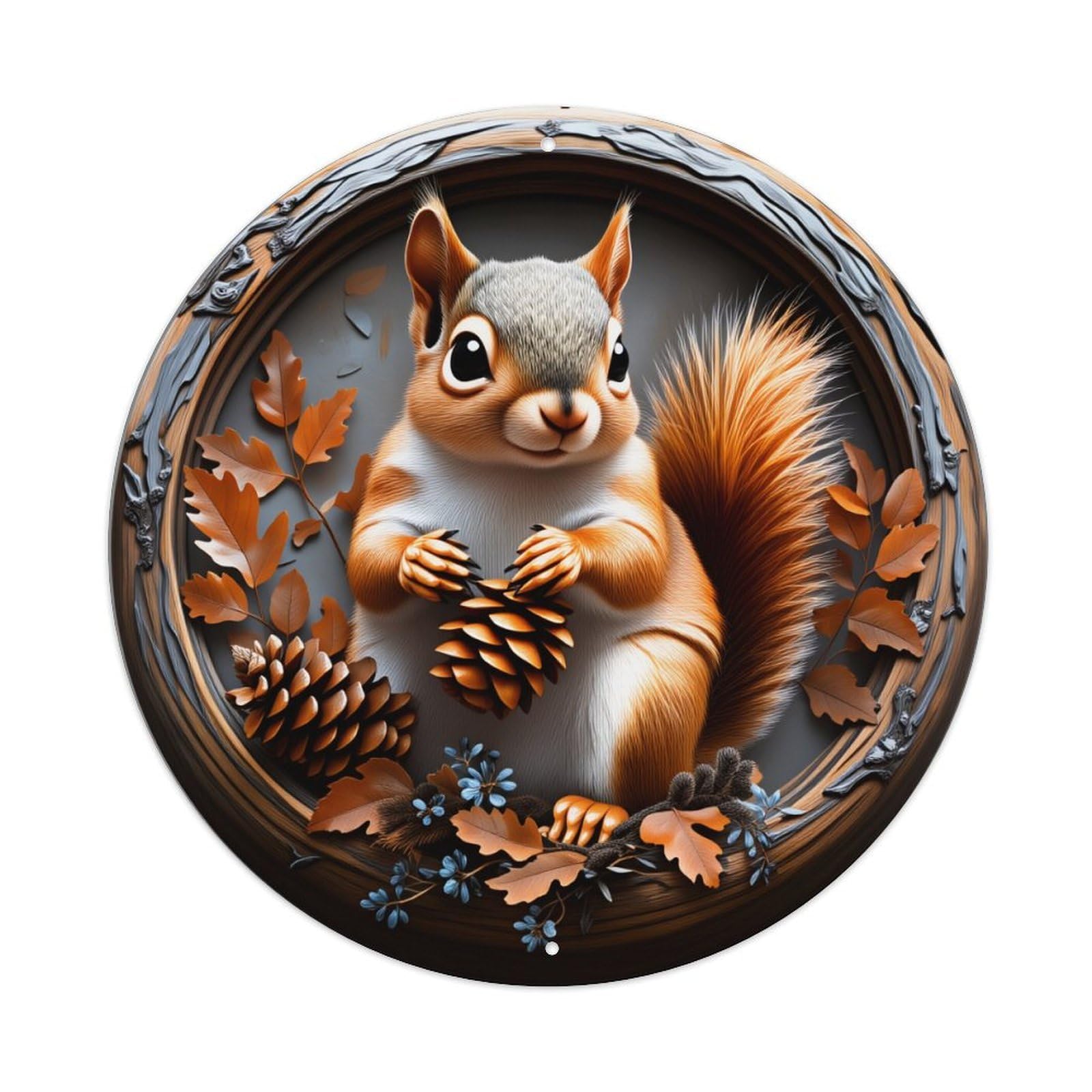 Squirrel Pinecone Autumn Leaves Nature Wood Art Round Vintage Tin Sign,Retro Wall Art,Metal Poster for Home, Bar, Garage, Cafe, Rustic Indoor & Outdoor Decor, 8x8 Inches