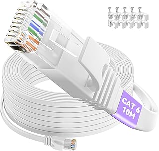 Ethernet Cable 10m, Cat 6 Flat Internet Cable 10m Long High Speed Gigabit Network Cable White Patch Cord, RJ45 Cable 10 meter LAN Cable 1Gbps 250Mhz, Broadband Cable for Router Switch Modem (10 Clips)