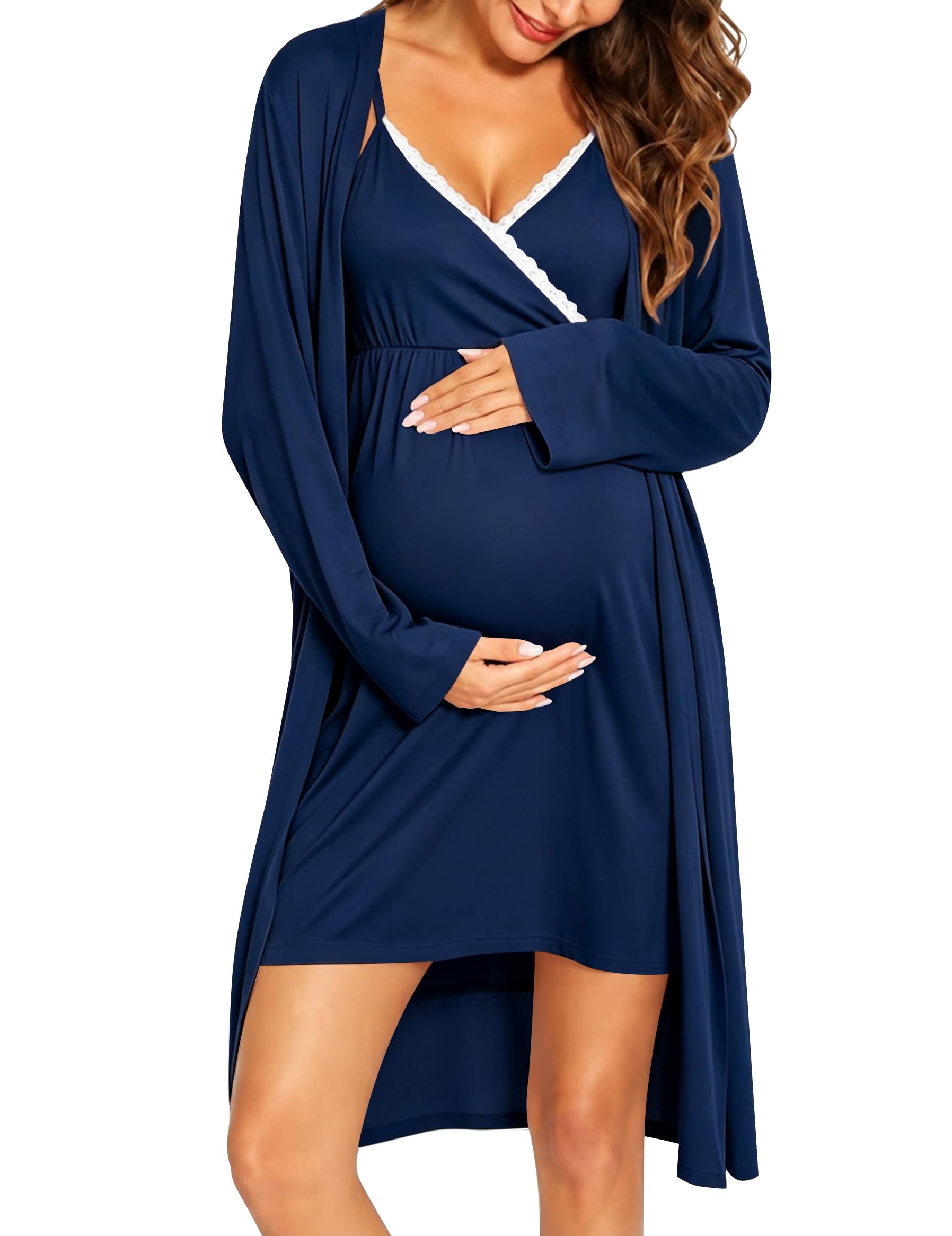 SWOMOG Womens Maternity Robe 2 Piece Nursing Nightgown for Breastfeeding 3 in 1 Labor Delivery Nursing Dress Lace Bathrobe
